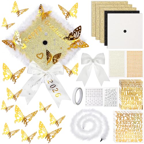 Wavwavw 30 Pcs DIY Graduation Cap Decorations Kit Grad Hats Decor Included 3D Artificial Butterfly Bow Glitter Paper Plush Alphabet Letter Stickers for 2026 DIY Grad Cap Decorations (White)