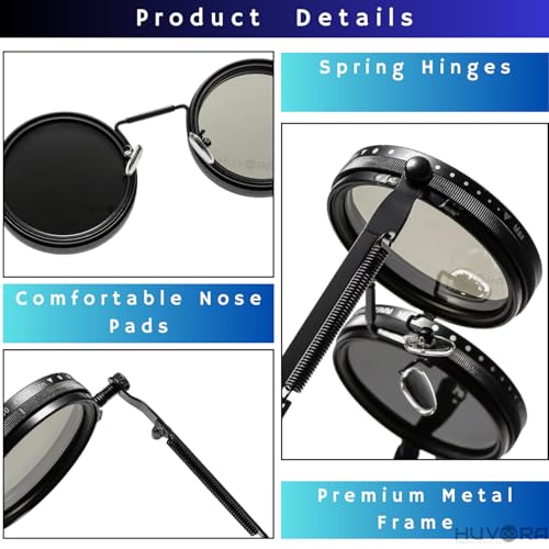 Image of Adjustable Tint Rotating Polarized Round Sunglasses for Men Stylish, Anti Glare Lenses 1-11 Gear UV400 Protection Metal Goggles for Driving Beach Retro Branded Sun Glasses