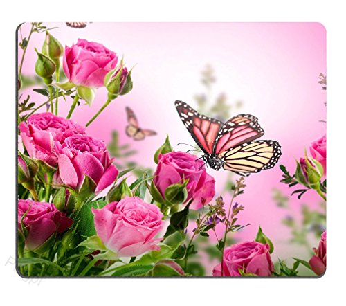 pingpi Pink Mouse Pad Custom,Flower Decor Butterfly Fliying on The Pink Rose Personalized Design Non-Slip Rubber Mousepad