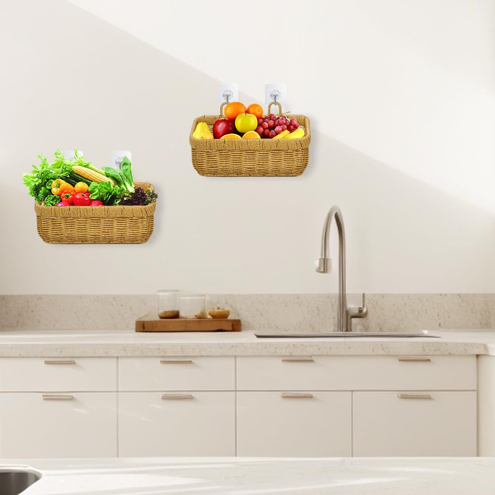 2 Pezzi Cestino da Parete in Vimini Appeso Cestino da Appendere in Rattan Vintage per Bagno, Cucina, da Appendere Alla Parete, Cesti Portaoggetti da Appendere(28x16x13cm)