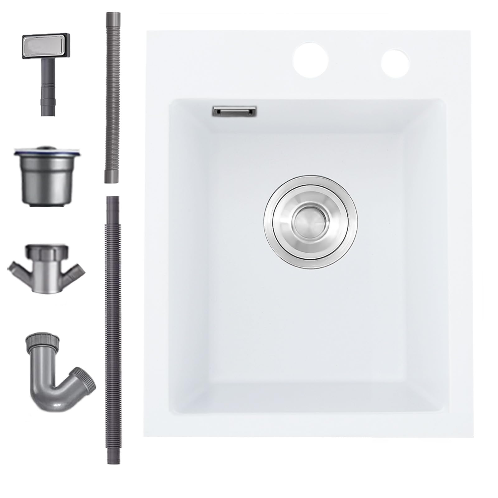 Bokaiya White Small Kitchen Sink, 40x45cm, Drop in Topmount Quartz Composite Kitchen Waste Kit, Deep Single Bowl Campervan Sink, with 2 Tap Holes and Siphon, Overfolw, Suitable for Workstation