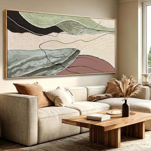 Image of Brown Green Abstract Canvas Wall Art, Framed Beige White Painting, Neutral Black Prints Wall Decor,29x58 In Artwork for Living Room, Bedroom