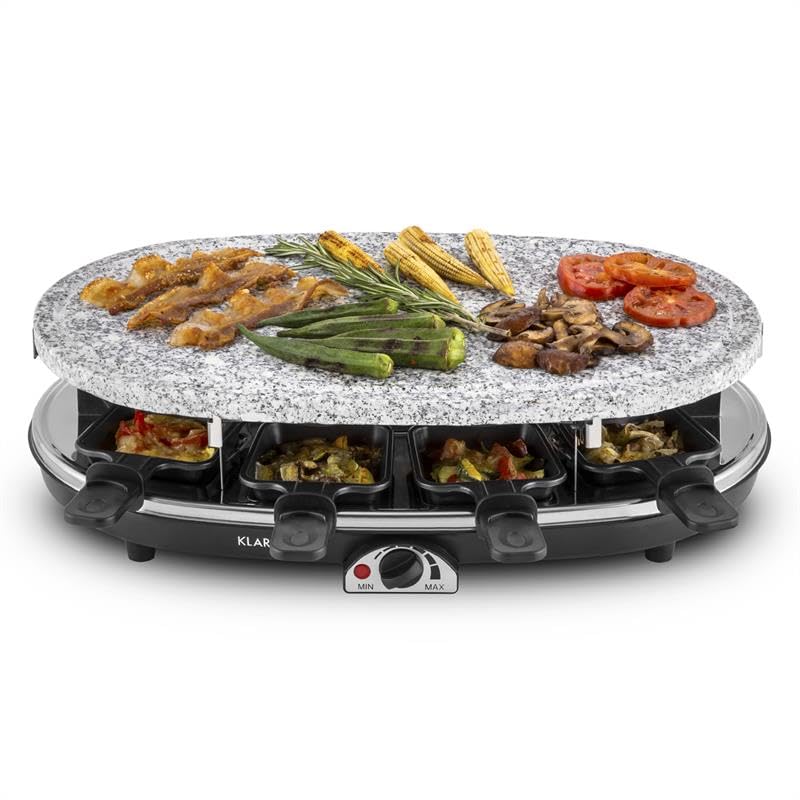 Klarstein Appareil a Raclette, Machine a Raclette avec Pierrade de 1500W, Gril en Pierre Naturelle, Appareil Rotatif et Ajustable pour 8 Personnes, Poelon Service Complet à
