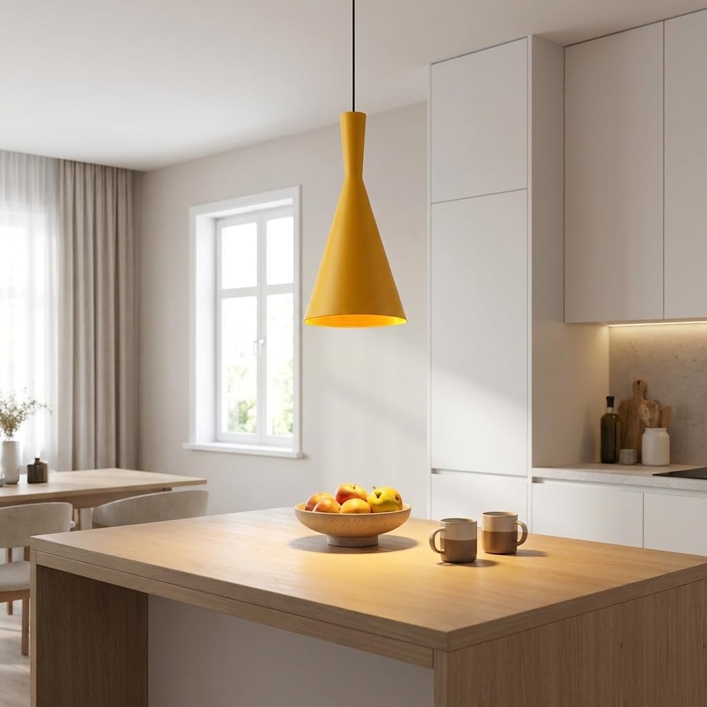 BARCELONA LED Solvang Hängelampe Gelb E27 | Matte Aluminiumschirm, Höhenverstellbares Kabel 130cm, Goldfarbener Innenreflektor, Für Wohn- Und Gewerberäume