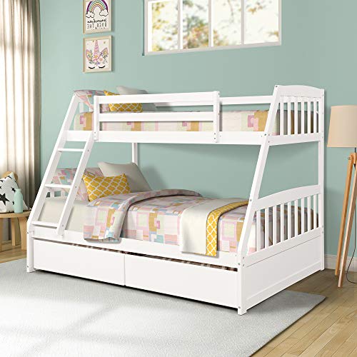 Merax Solid Wood Twin Over Full Bunk Bed with Two Storage Drawers and Removable Ladder, White