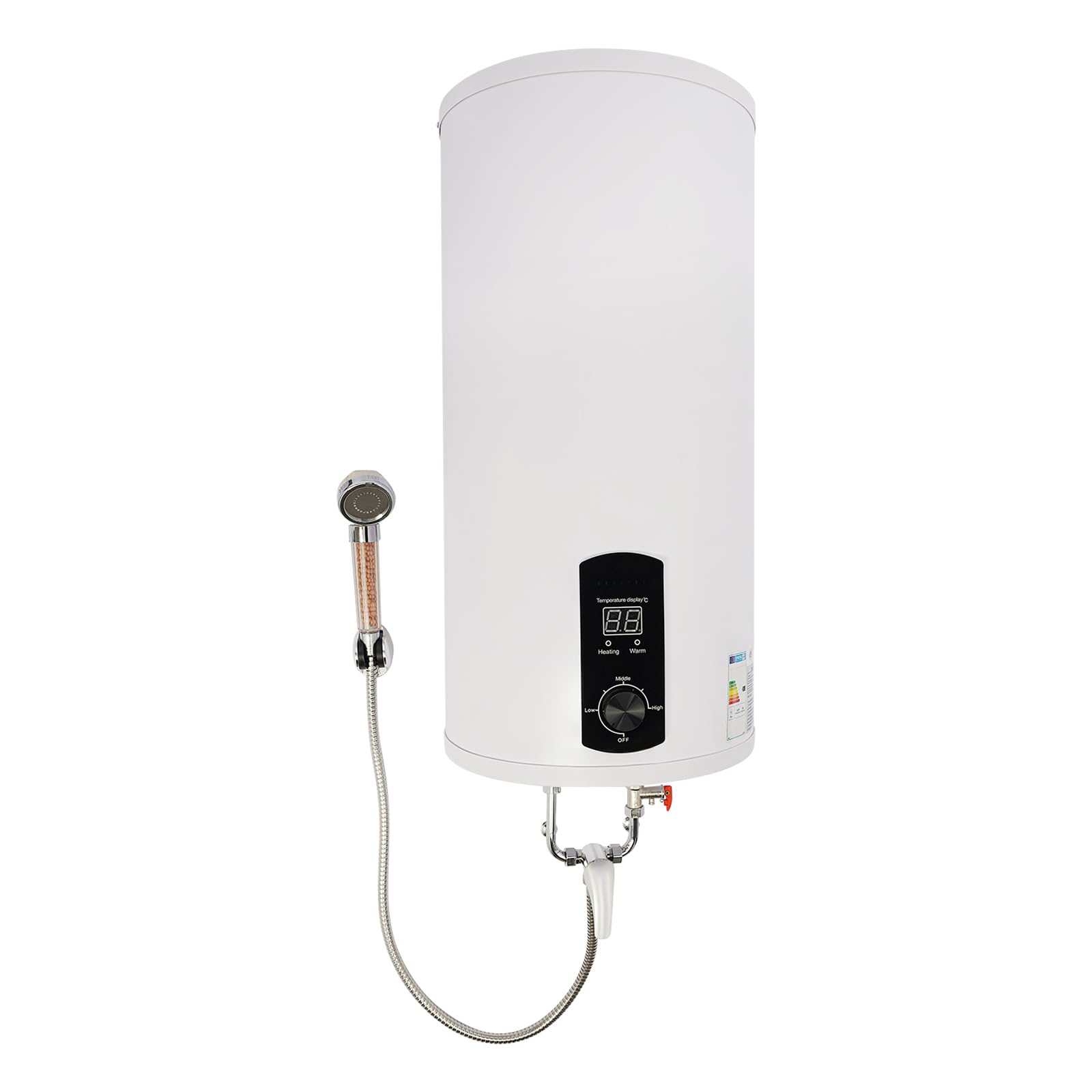 Scaldacqua istantaneo elettrico, 2000 W, serbatoio da 80 l, 35-75 °C, indicatore LED con soffione doccia, supporto doccia, bianco