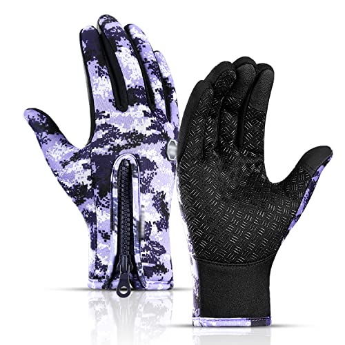 Elegantes guantes térmicos estampados, guantes de invierno resistentes al viento, palma antideslizante para adultos, clima frío, nieve, ciclismo, pesca, caminar, deportes al aire libre, morado, M