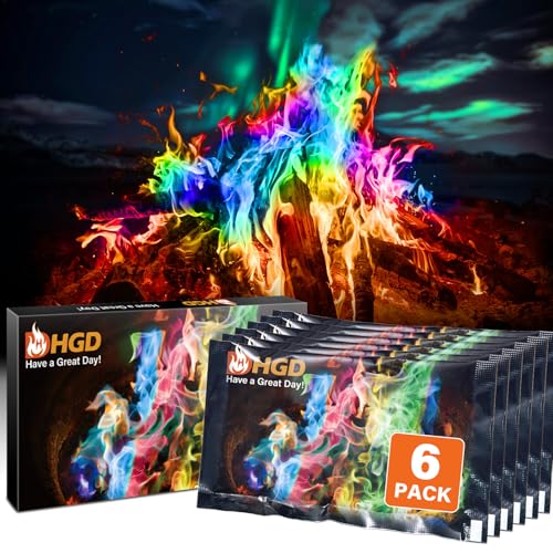 HGD (6 Pack) Magic Campfire Fire Color Changing Packets for Fire Pit, Indoor/Outdoor Fireplace, Bonfire – Rainbow Magical Flame, Camping Accessory, Compatible with Wood