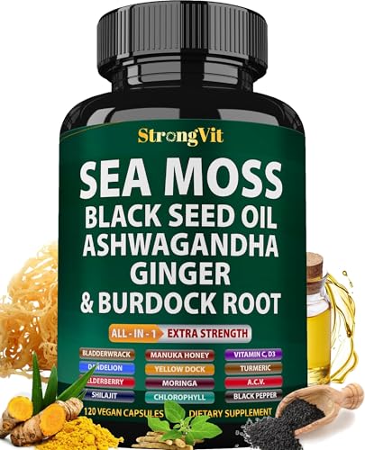 Organic Sea Moss + Ashwagandha Capsules with Bladderwrack & Burdock (120 ct)