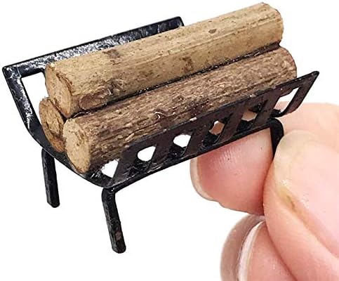 EatingBiting 1:12 Casa de muñecas Muebles en miniatura Jardín Césped Chimenea Metal Leña Rack Metal Rack con leña para sala de estar Modelo de