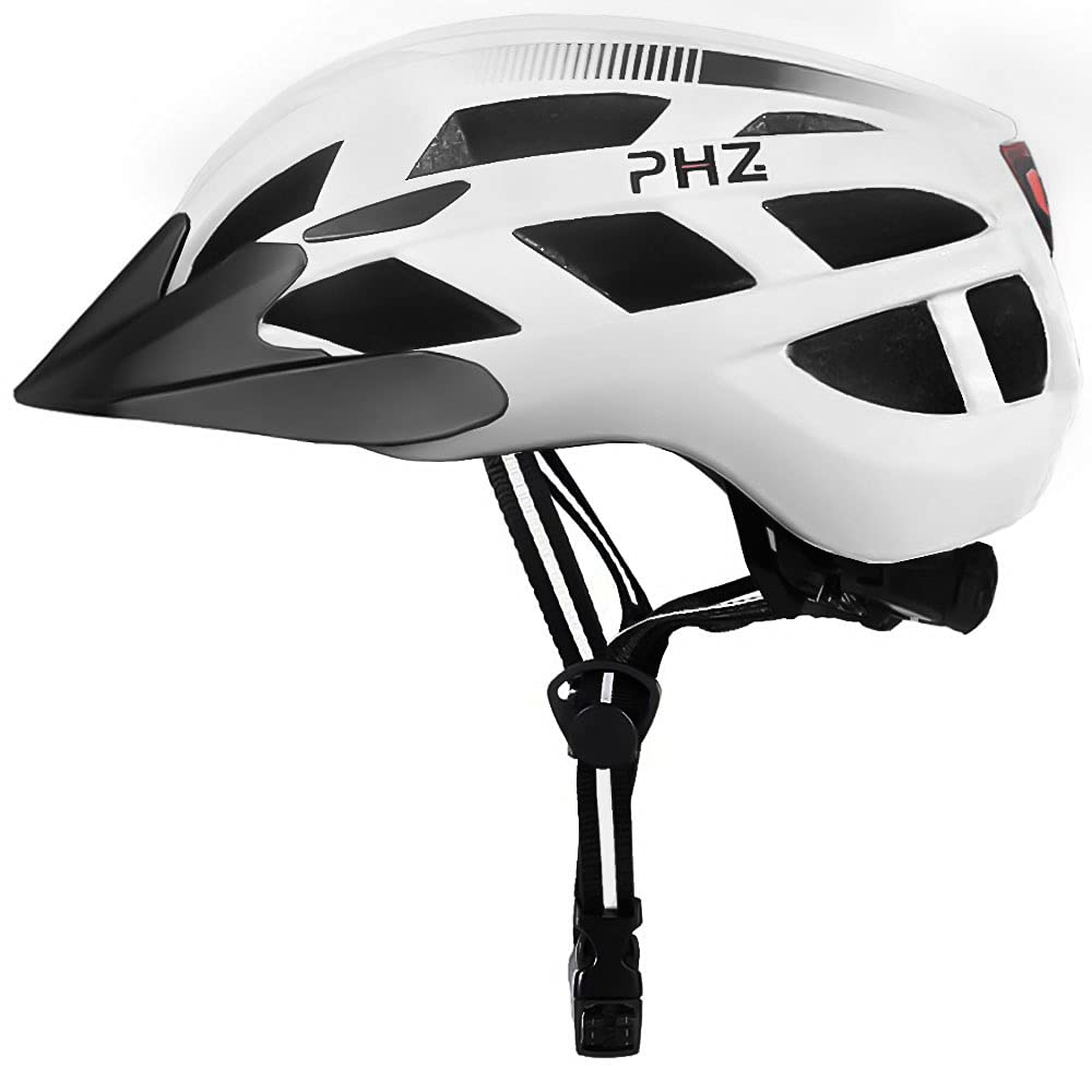 PHZ Bicycle Helmet with Safety LED Light Bike Cycle Road Mountain Skateboard Scooter Hoverboard CE Certified Adjustable Helmet for Adult Men Women With Detachable Visor Inner Pads