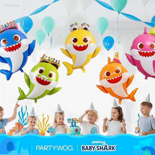 Image of PartyWoo Baby Shark Family Foil Balloons 5pcs 36 34 32 Inch Baby Shark Family Mylar Helium Birthday Balloons for Boys and Girls Children Under the Sea Ocean Theme Kids Birthday Party Decorations
