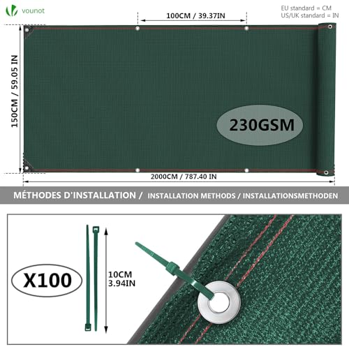 Image of VOUNOT Privacy Netting 1.5x20m Garden Screening 230 g /m HDPE Shading Net, 95% Shading Rate UV-resistant, Tear-Resistant Windbreak Fencing with Holes and Cable Ties, Green
