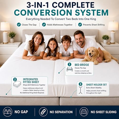 Image of 3-in-1 Split King Gap Filler with Built-in Fitted Sheet, Twin to King Converter, Bed Bridge with Washable Cover, One Size Fits to Twin & Twin XL to King, White, Sheet Strap Set Bonus