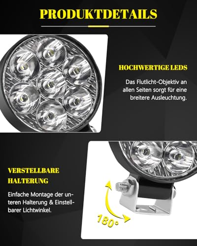 CO LIGHT 2PC LED Arbeitsscheinwerfer 12V/24V, IP68 LED Offroad Zusatzscheinwerfer 180° Verstellbarer Bügel für Traktor Offroad Baufahrzeuge UTV ATV LKW Landwirtschaft (Orbicular)