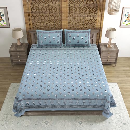Image of BLOCKS OF INDIA Hand Block Printed 200 TC Cotton Super King Size Bedsheet(106 x 106) | Pack of 1, Batik Grey Flower