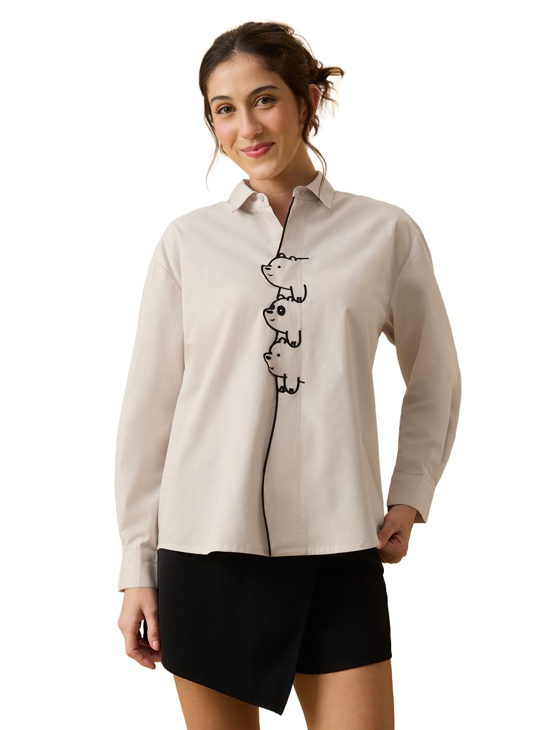 The Souled Store We Bare Bears: Take A Peek Women and Girls Full Length Sleeves Spread Collar Off White Embroidered Cotton Oversized Fit Breathable Lightweight Everyday All-Season Shirt in white