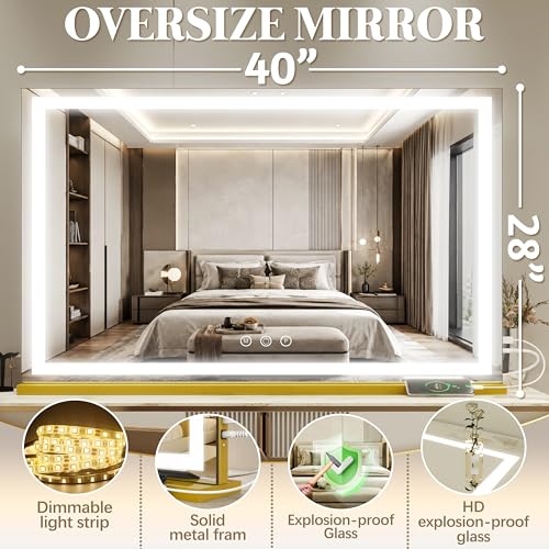 Image of FENNIO Large Vanity Mirror with Lights,40 inch x 28 inchMakeup Mirror with Lights,Hollywood Mirror with 3 Color Modes & Adjustable Brightness,Vanity Mirror Square Gold