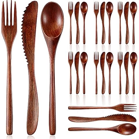 Wooden Spoon Fork Knife Cutlery Set Wooden Dinner Utensil Set Kitchen Wooden Flatware Tableware Cutlery Set Includes Wooden Spoon, Fork, Knife (24 Pieces) Cover