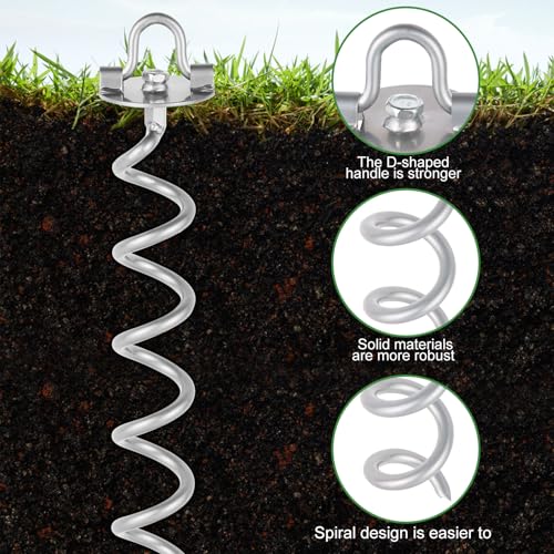 MIXXIDEA 17.5 Inch Gound Anchors Screw in, Metal Spiral Earth Anchors Kit, Heavy Duty Folding Ring Spiral Stake with Straps, Ground Stakes for Tent Trampolines, Sheds, Swings (Silver, 17.5 Inch)