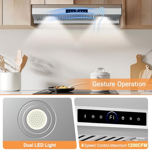 36 Inch Under Cabinet Range Hood 1200CFM, 4-Speed Kitchen Hood with Touch Control & Gesture Sensing Stainless Steel Kitchen Stove Vent Hoods with 2 LED Lights Pro Series