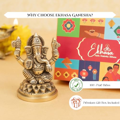 Image of Ekhasa 100% Pure Brass Ganesha Idol with Gift Box | Ganesh Murti Ganpati Idol for Pooja Mandir Home Decor | Religious Housewarming Grah Pravesh Diwali Wedding Gift