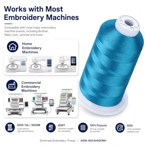 Image of Simthread 5000M 40WT Polyester Embroidery Thread, Blue Satin S055 | 5000M 40WT polyester thread feeds smoothly for machine embroidery, monograms, logos, patches and quilting.