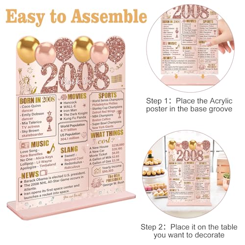 Image of Guiruiy Pink Rose Gold 18th Birthday Decorations for Girls Women, Two-Sided Vintage 18 Back in 2008 Theme Poster Acrylic Table Sign with Stand, Eighteen Years Old Bday Centerpieces Holder for Table Decor