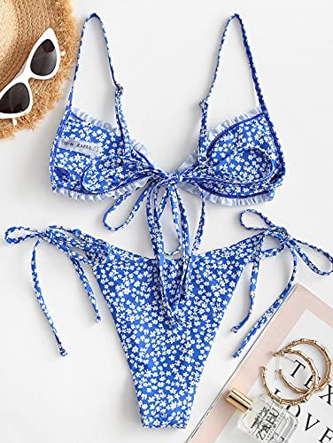 Zaful Ditsy Floral Frilled Tie Knot Front Strappy Bikini Sets Swimwear Blue #TOP3