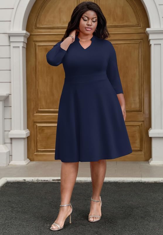 Church Dress for Women V Neck 3/4 Sleeve Midi Causal Cocktail Party A-Line Dresses with Pockets - Image 6