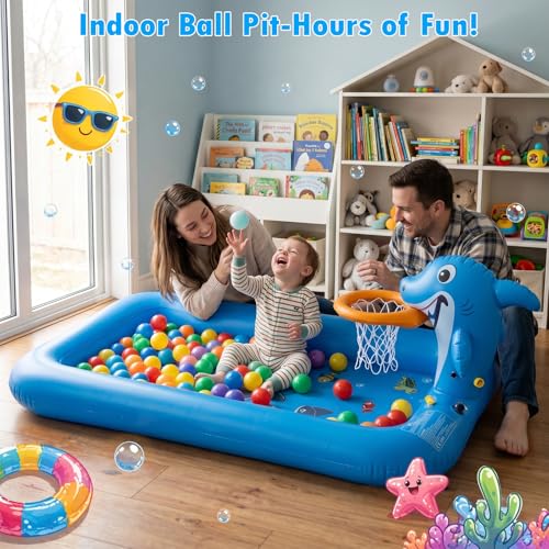 Splash Pad with Basketball Hoop - Shark Inflatable Kiddie Pool for Babies Toddlers, Sprinkler Play Mat for Kids, Outdoor Water Toys for Garden & Backyard by tmstorys - Used condition - Image 5