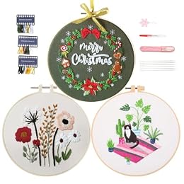 YEESAM ART 3 Pack Embroidery Kit with Christmas Flower Cat Patterns, Full Set DIY Embroidery Cross Stitch Kits for Adults Beginners Needlework Sewing (3 Set)