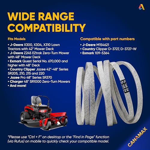 Image of M154621 Mower Belt - Fits 42 inch Deck J-Deere X300 X304 X310 Lawn Tractors & 48 inch Deck EZtrak Series Z245 Zero-Turn Mower | Aramid Cord | 1 /2'' x 146 1 /4''