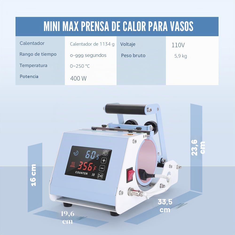 PYD Life 110 V Mini Max Máquina de Prensa de Calor para Vaso Térmico de 40 OZ Azul Claro Prensa de Calor para Taza Pantalla Táctil para Vaso Térmico de Sublimación de 40 OZ con Asa Impresión por