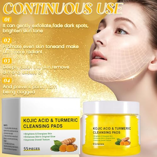 55 Stück Turmeric Kojic Acid Exfoliating Cleansing Pads, Turmeric Kojic Acid Cleansing Pads, Kojisäure- und Kurkuma-Reinigungspads, tiefenreinigende Poren, Kurkuma-Kojisäure-Pads für Alle Hauttypen