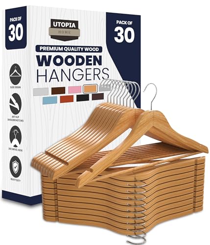 Utopia Home Premium Wooden Hangers 30 Pack - Heavy Duty & Durable Coat Hanger - Wood Hanger with 360-Degree Rotatable Hook - Clothes Hangers with Non-Slip Shoulder Notches For Shirts & Coats (Natural)