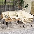 DWVO Patio Furniture Set, 4 Pieces Outdoor Patio Conversation Set, All-Weather PE Rattan Sectional L-Shaped Sofa with Soft Cushion and Side Table for Backyard, Porch, Boho Detachable Lounger (Beige)