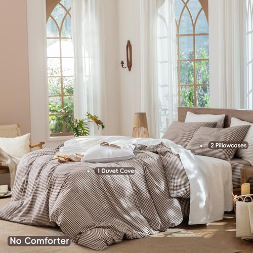 Image of MooMee Gingham Duvet Cover Set 100% Washed Cotton Linen Like King | Relaxed Linen-like Texture. Soft, Breathable & Long-lasting Comfort. Lightweight. Hidden Zipper with 8 Interior Corner Ties