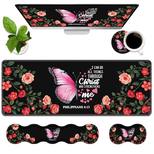 Ergonomic Memory Foam Mouse Pad Wrist Rest Set, Large Desk Pad + Keyboard Wrist Rest + Mouse Wrist Cushion + Coaster for Home Office Study Gaming, Floral Butterfly Quotes Bible Verse Philippians 4:13