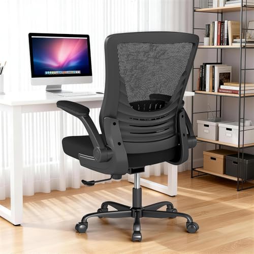 Image of Ergonomic Office Chair, Mesh Computer Chair with Flip-Up Arms | Black Areathable Mesh, Adjustable Height, 360-Degree Swivel Wheels, Flip-up Armrests, Space-Saving Seat for Home Office