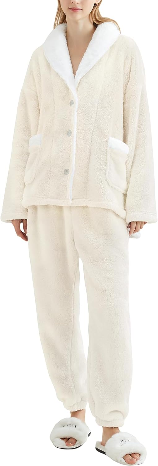 Gihuo Womens Pajamas Set Fluffy 2 Piece Pjs Fuzzy Top Pants Loose Coral Fleece Loungewear Sleepwear Winter Warm Pj