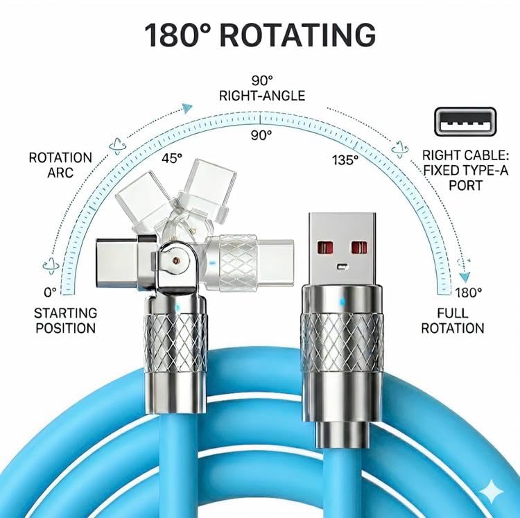 Image of 120W Fast Charging USB to Type-C Cable with 180 Rotating Head - Zinc Alloy Metal Connector, Heavy Duty Silicone Braided Data Sync Cord for Gaming & Smartphones (Blue)