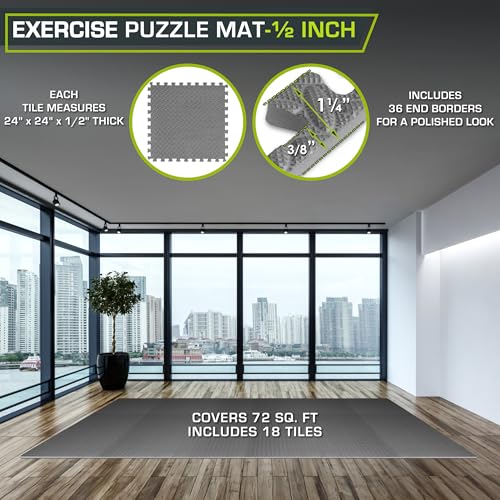 Image of ProsourceFit Exercise Puzzle Mat 1 /2-inch, EVA Interlocking Foam Floor Tiles for Home Gym, Workout Equipment, Kids Play Areas, Gray, 72 SQ FT - 18 Tiles