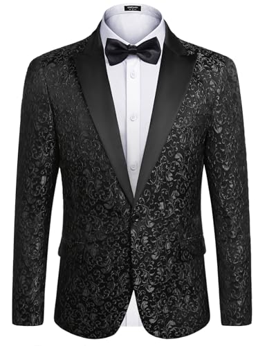 COOFANDY Men's Floral Party Dress Suit Stylish Dinner Jacket Wedding Blazer One Button Tuxdeo, Black, US L