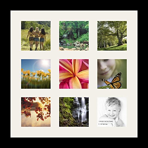 ArtToFrames Collage Photo Frame Single Mat with 9-4x4 Openings with Satin Black Frame and Super White mat.