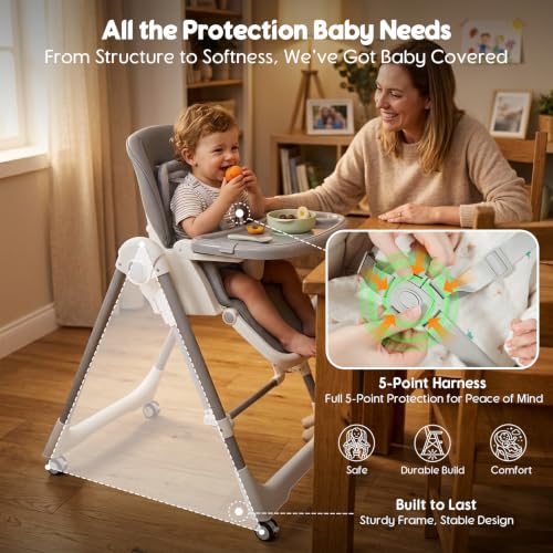 Image of Foldable High Chairs for Babies and Toddlers Convert to Baby Rocker | Convertible with Reclining Seat & Leg Rest, 3-in-1 with Tool-Free Assembly