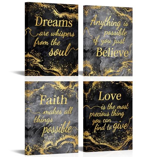 LevvArts Inspirational Wall Art Love Faith Believe Dream Wall Decor Motivaional Encouraging Canvas Prints Black Grey and Gold Pictures Decoration (Grey)