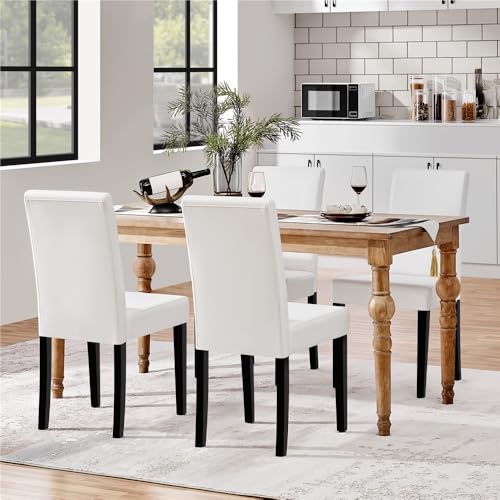 Image of Yaheetech Dining Chairs Set of 4 PU Leather Upholstered Parsons Dining Chairs with Solid Wood Legs for Kitchen /Living Room /Restaurant, Modern Style, White