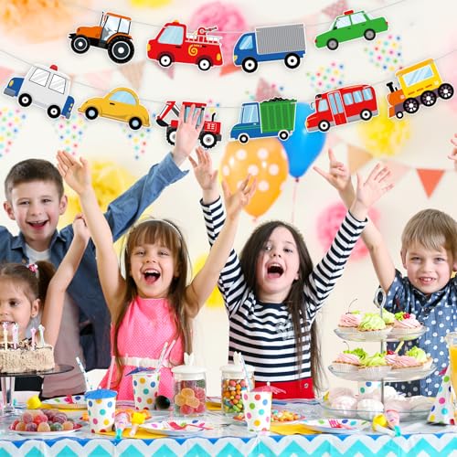 Image of Hooqict Happy Birthday Banner Transportation Birthday Decorations Car Train Truck Bus Excavator Traffic Party Banner Garland Sign for Kids Boys 1st 2nd 3rd Transportation Vehicle Theme Birthday Party Supplies