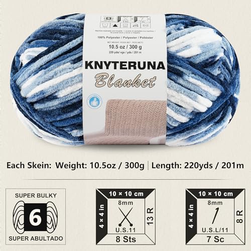 Image of #6 Super Bulky Blanket Yarn for Crocheting - 4 Skeins(Each 10.5oz /300g, 220yds /201m), Chunky Chenille Thick Plush Big Soft Yarn for Crocheting Knitting Blankets, Multi Blue & White